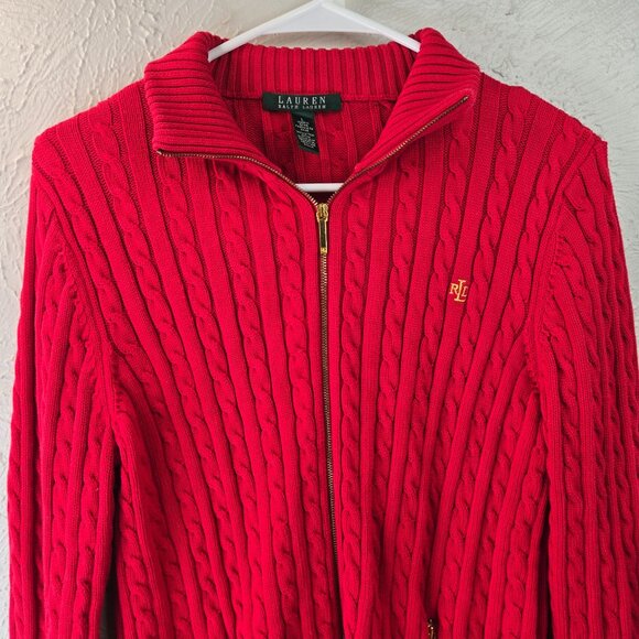 Ralph Lauren LRL Cable Knit Sweater Womens L Red Cotton Full Zip Preppy Classic - Picture 3 of 12